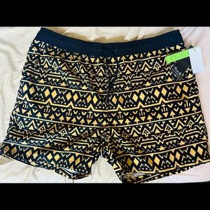 Black & yellow BURNSIDE Tiki/Polynesian pattern swimming shorts, size XL, New!!